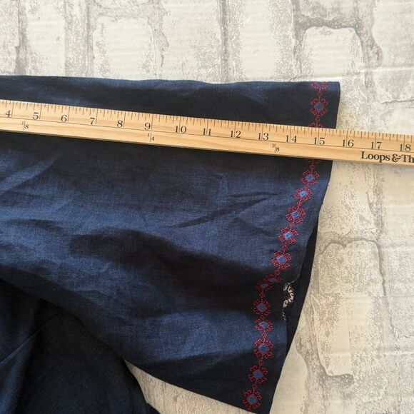 Etno Soul Blue Linen Embroidered Vyshyvanka Wrap Blouse Butterfly Sleeve No Belt - Picture 8 of 12